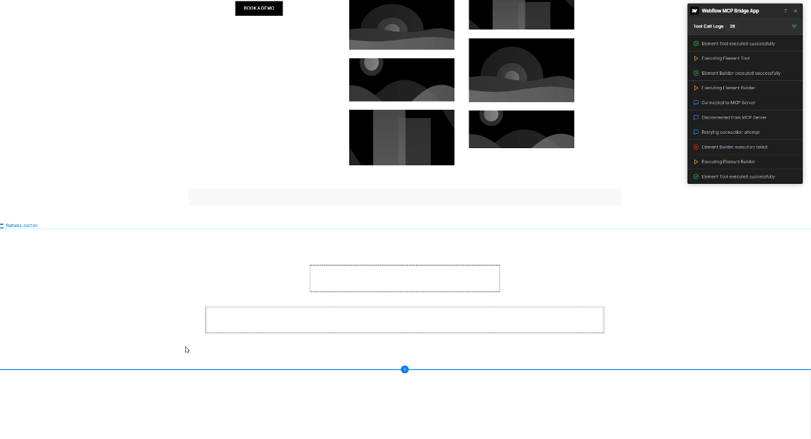Screen recording of the Figma and Webflow MCP Bridge App automating web component creation from designs, showing tool call logs and element builder execution